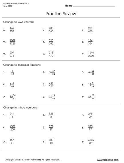 Third grade student completing a colorful fraction review math worksheet