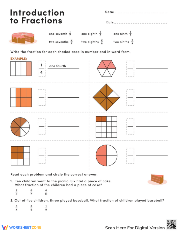 Third grade student solving fractions word problems on a recipe worksheet