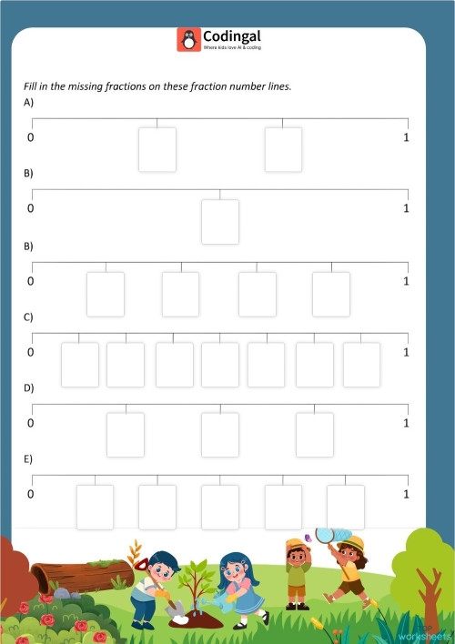 Worksheet for representing fractions on a number line for third graders