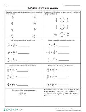 Colorful third grade fraction review worksheet for math practice