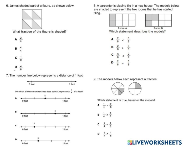 Colorful third grade fraction review worksheet featuring engaging math practice problems