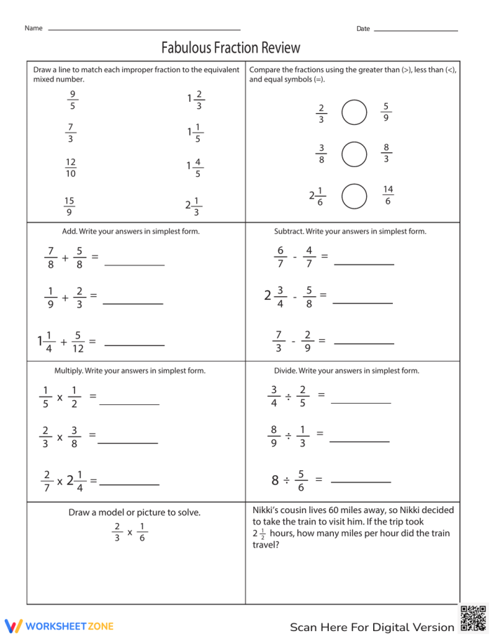 Colorful third grade fraction review worksheet featuring math problems for student practice
