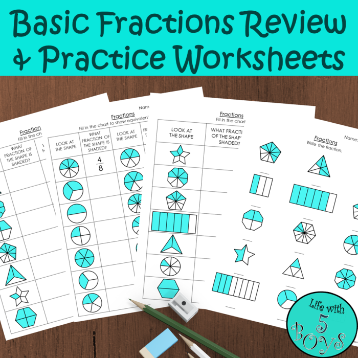 Colorful fraction review worksheet designed for third graders to practice their skills