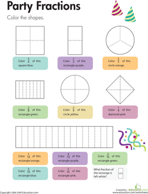 Colorful geometric shapes divided into equal parts with some sections shaded to show fractions for third grade math practice