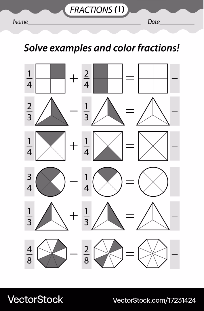 Third grade fraction review worksheet featuring colorful math problems for students