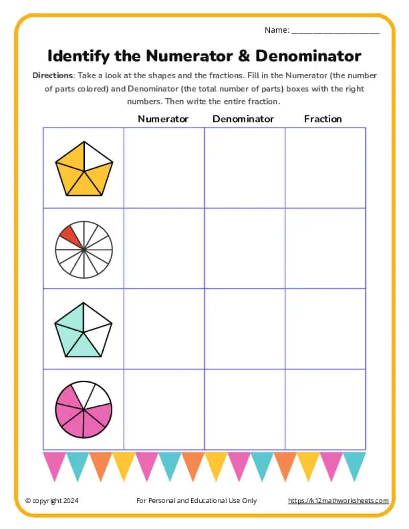 Third grade math worksheet for assessing student understanding of fractions of a whole