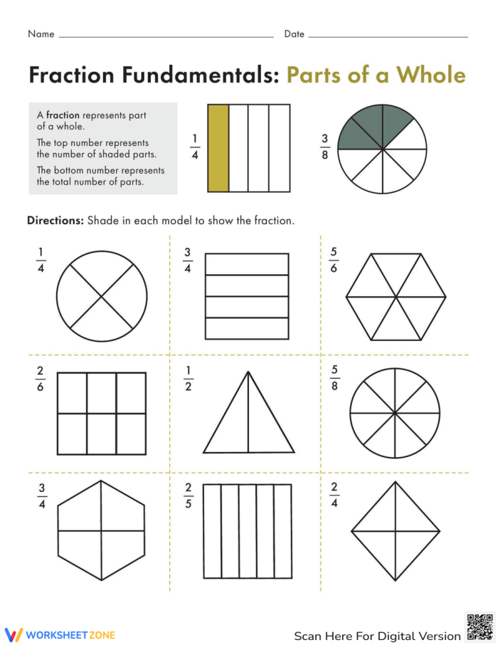 Third grade math worksheet featuring cute farm animals to help students practice identifying and writing fractions