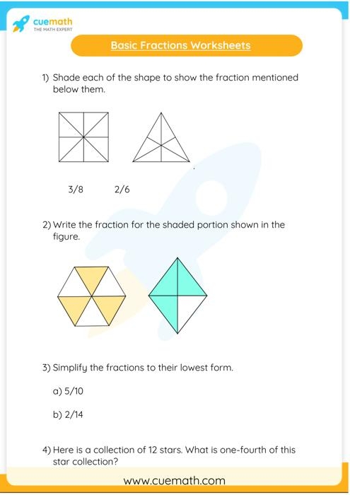 Worksheet illustrating the concepts of numerator and denominator for third graders