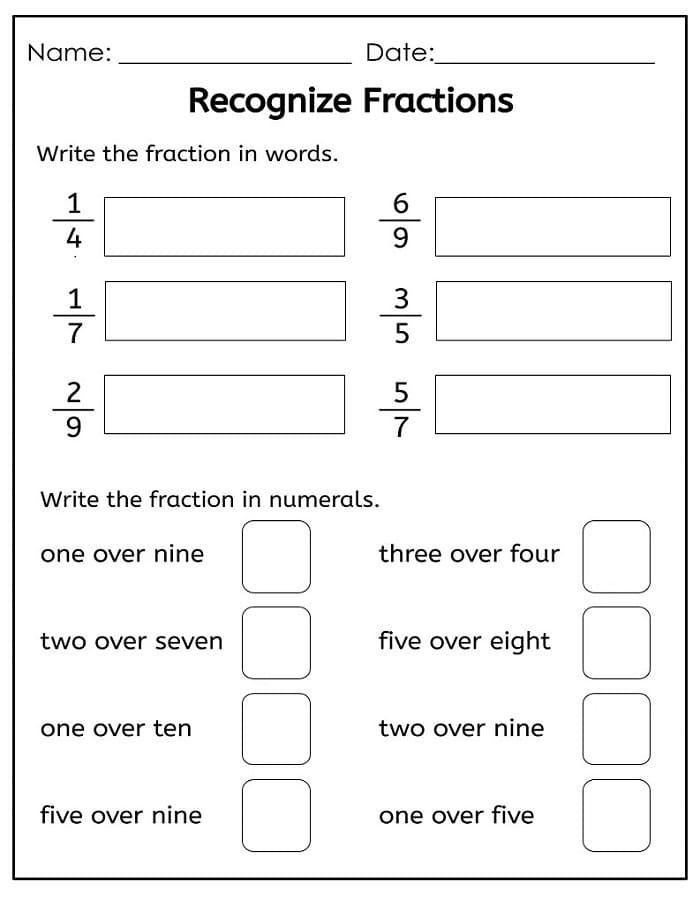 Third grade students shading and writing fractions on an educational practice worksheet