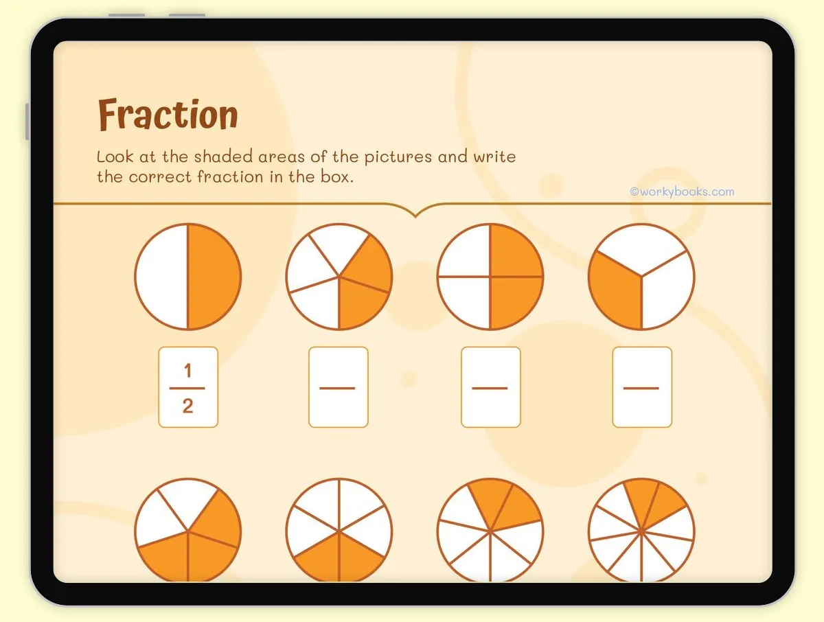 Third grade math worksheet where students practice writing fractions by identifying shaded areas of shapes