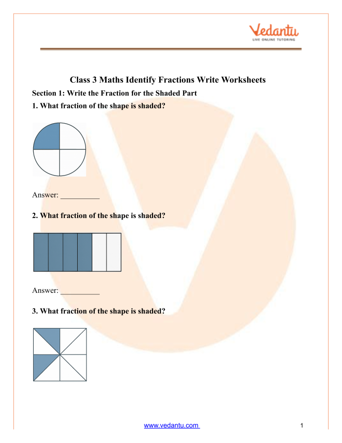 Third grade math worksheet where students identify and write fractions for shaded geometric shapes