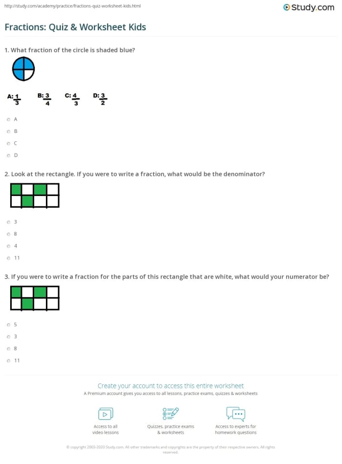 Interactive multiple choice fractions quiz worksheet designed for third grade students Fractions quiz worksheet for third graders to assess their knowledge of simple fractions
