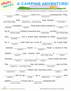 Camping Adventure Fraction Story Worksheet for Elementary Learners Third grade students practicing fractions with a crazy camping adventure fill-in-the-blanks worksheet activity