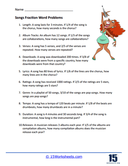 Worksheet featuring comparing fractions word problems for third graders
