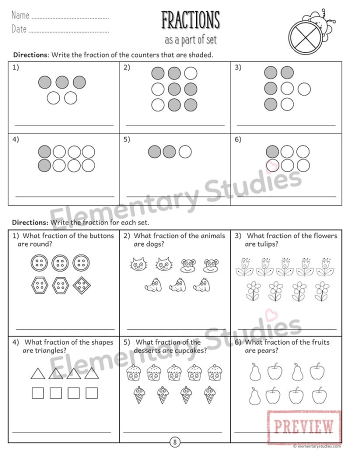 Colorful worksheet featuring farm animals to teach fraction concepts