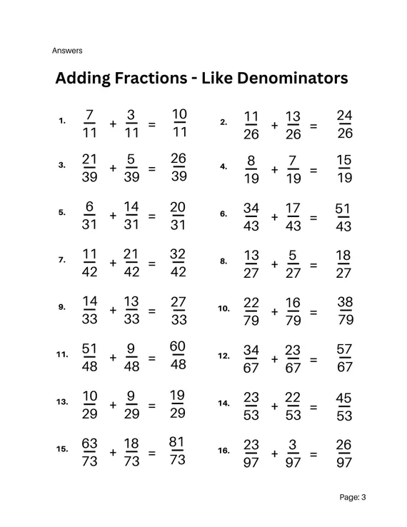 Children solving fraction problems on a learning check worksheet for third grade
