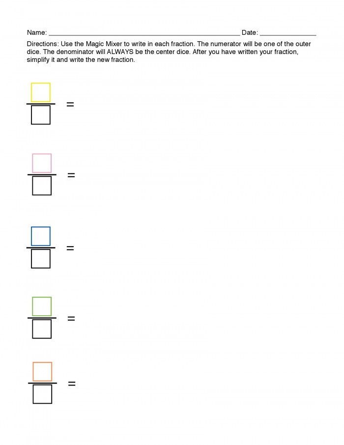 Worksheet illustrating the concepts of numerator and denominator for third graders