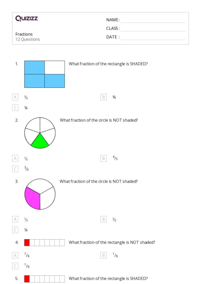 Fractions Quiz Worksheet for Third Grade - Multiple Choice Assessment Worksheet featuring a fractions quiz for third graders to assess their knowledge of simple fractions