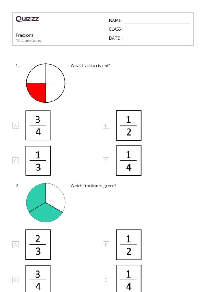 Fractions Quiz Worksheet Number 10 for Third Grade Students Third grade math student completing a multiple choice fractions quiz worksheet