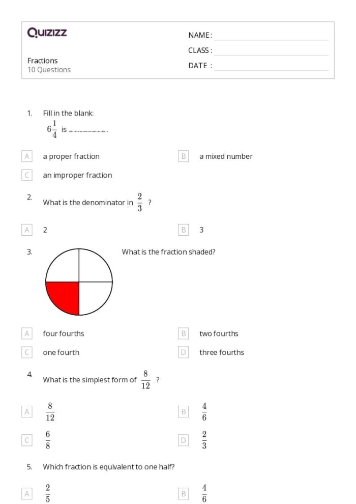 Fractions Quiz Worksheet for Third Grade Math Practice 15 Third grade student completing a multiple choice fractions quiz worksheet