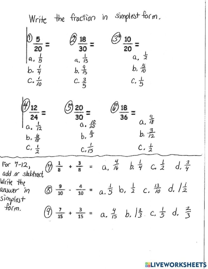 Fractions quiz worksheet to test understanding of basic fraction concepts Worksheet featuring a multiple choice quiz on simple fractions for third graders
