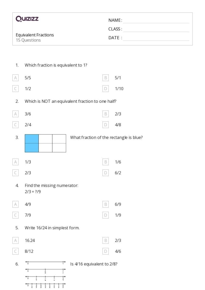 Third Grade Fractions Quiz Worksheet - Multiple Choice Questions Fractions quiz worksheet designed for third graders to assess their knowledge of simple fractions