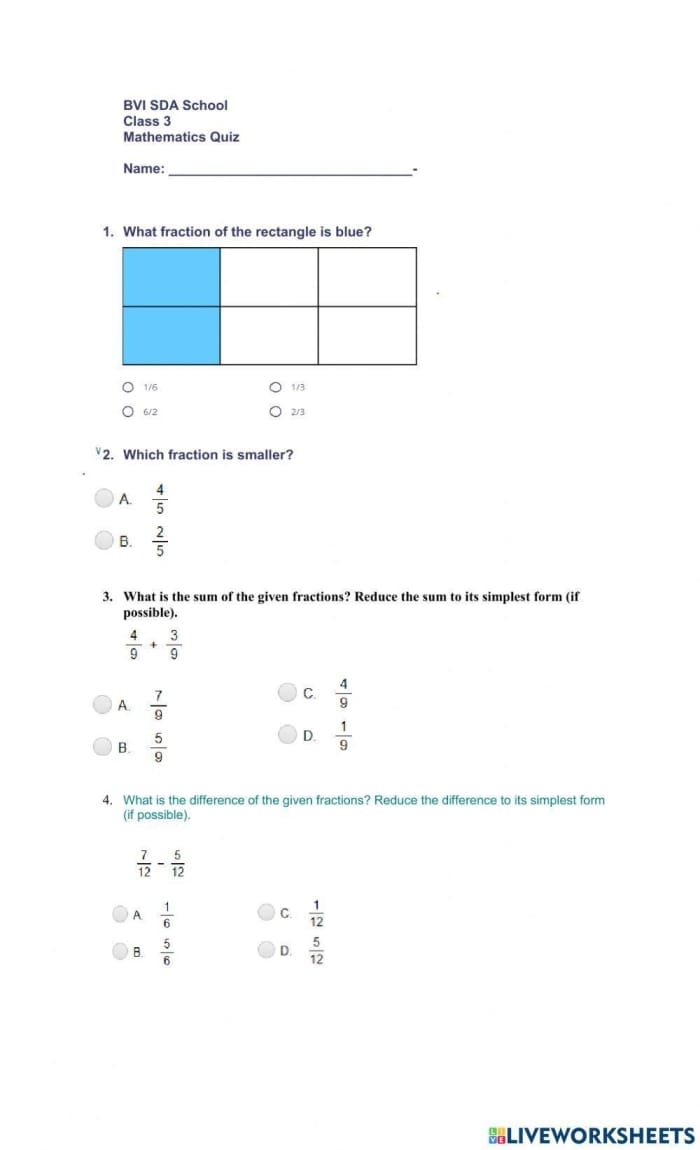 Multiple choice fractions quiz worksheet for Grade 3 students Fractions Quiz worksheet for third graders to assess their knowledge of simple fractions