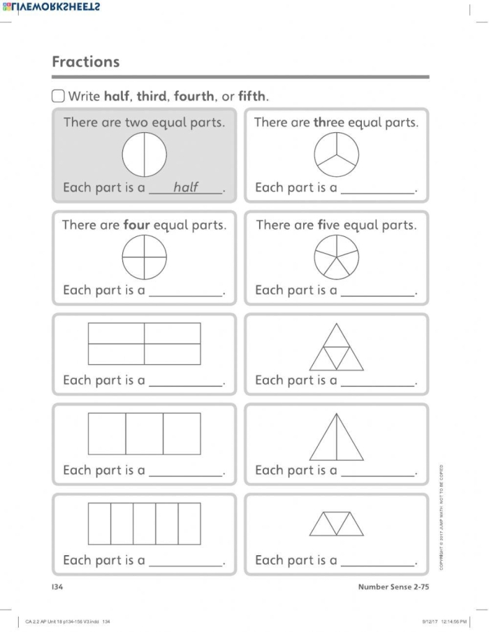 Colorful spring-themed worksheet illustrating fractions of a set for third graders