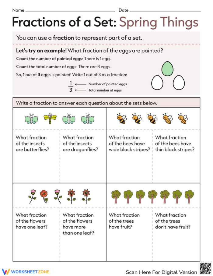 Colorful spring-themed worksheet illustrating fractions of a set for third graders