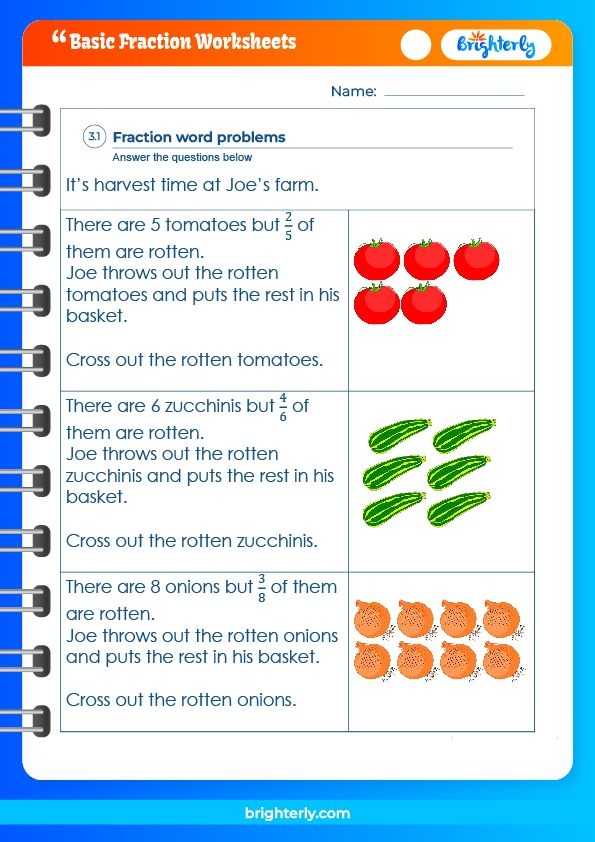 Worksheet image focused on teaching fraction concepts to third grade students Fraction Basics worksheet for third graders featuring shaded shapes to identify fractions