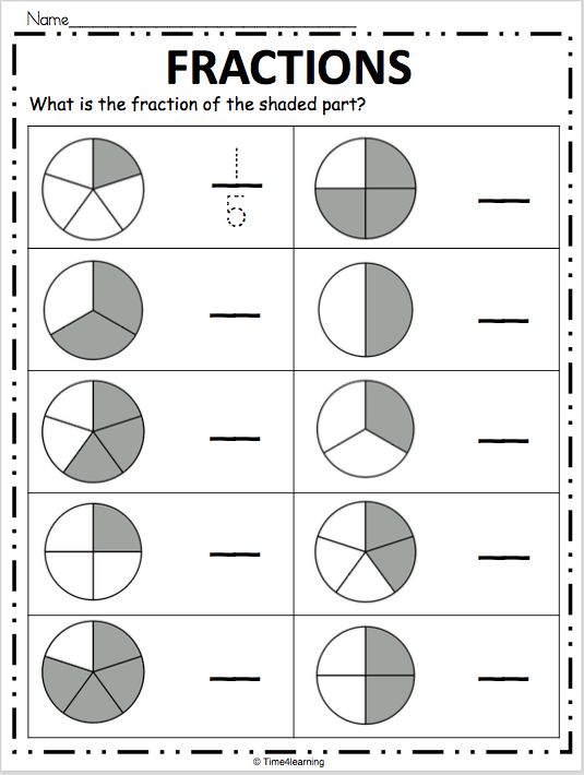 Third grade students completing fraction exercises by shading shapes and writing fraction values on an educational worksheet