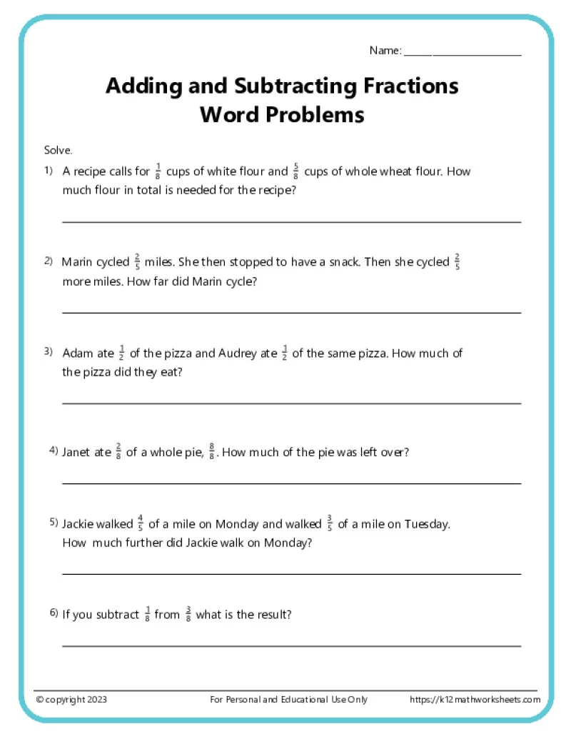 Worksheet for comparing fractions through word problems for third graders
