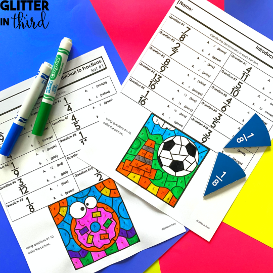 Third Grade worksheet for mastering fractions in both numerical and word formats Children working on an Introduction to Fractions worksheet in a classroom setting