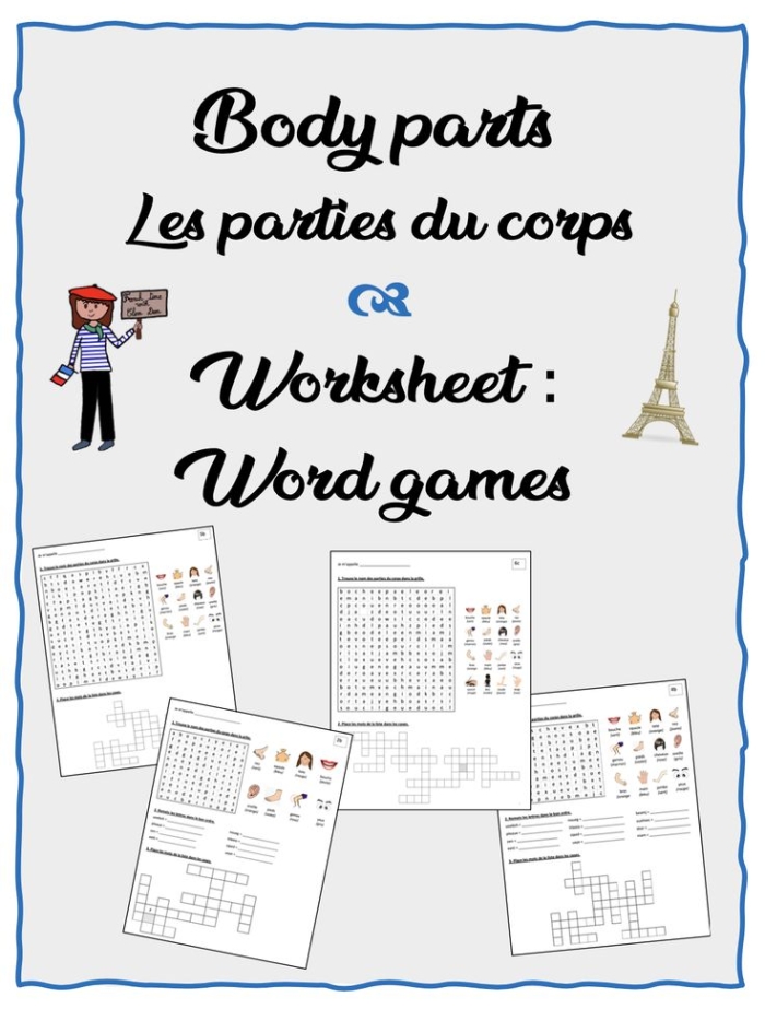Illustration of a worksheet helping third graders learn French body parts