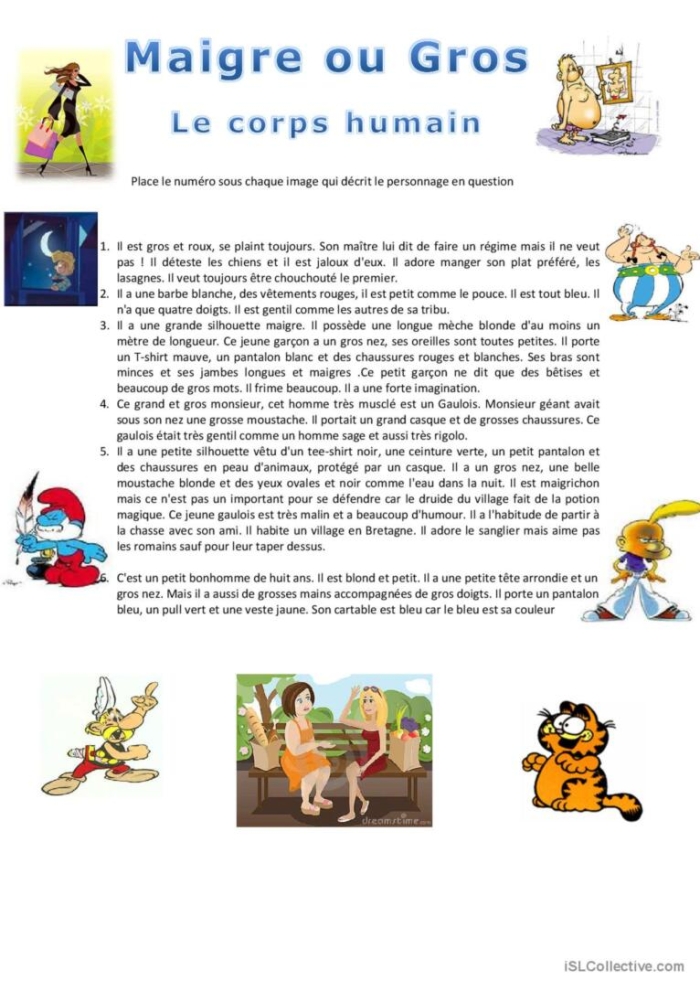 Illustration of a worksheet focused on identifying body parts in French for third graders