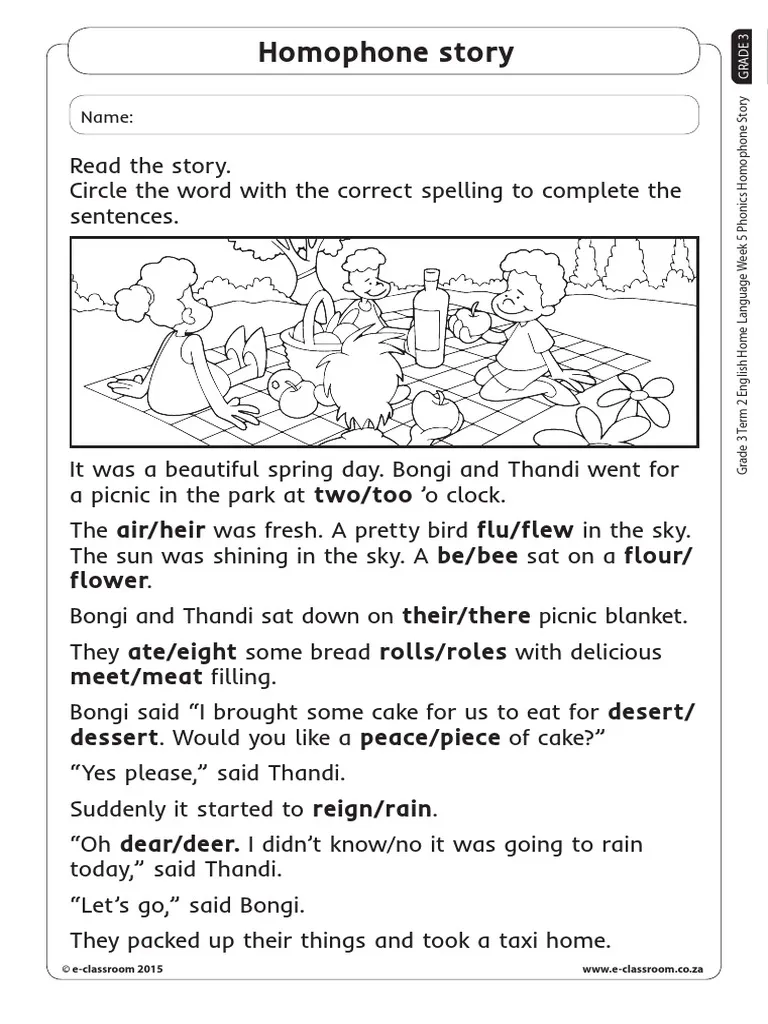 A colorful homophone story worksheet featuring a fun monster theme for third graders