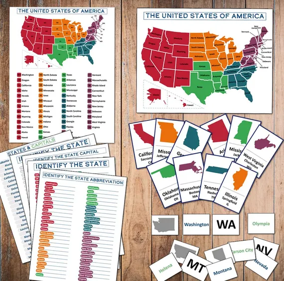 Third grade student using crayons to color a U.S. map on a social studies geography worksheet