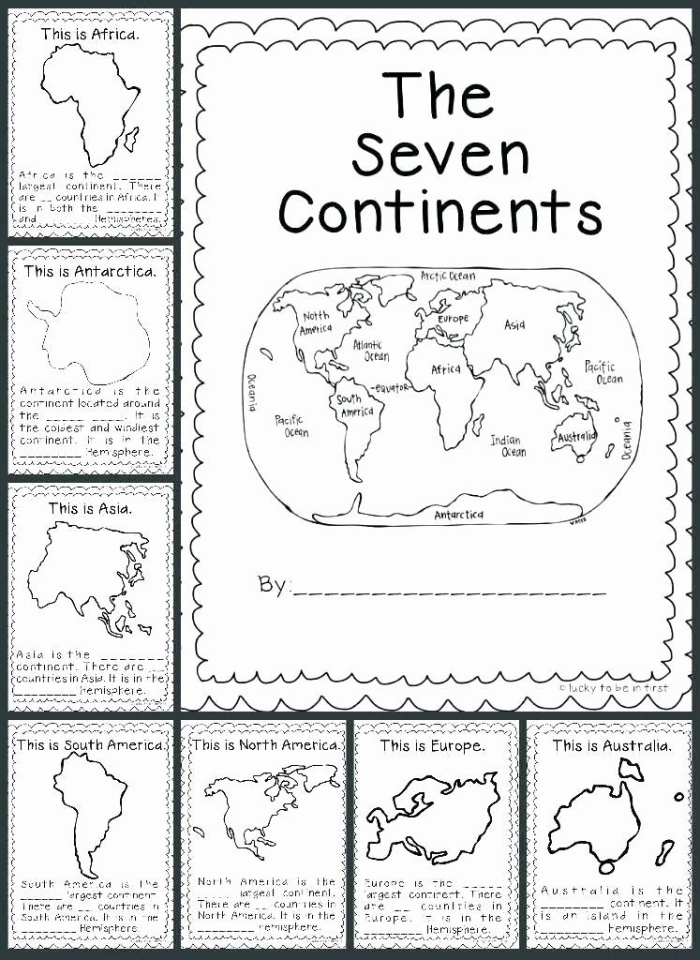 Third grade student completing a Seven Continents Crossword worksheet with continent shapes and map vocabulary clues