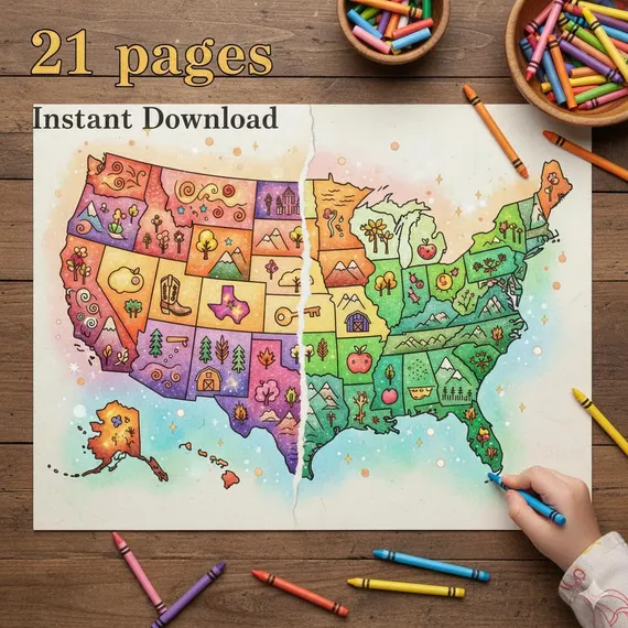 Kids coloring a U.S. map in the Geography: Color the States! worksheet for third graders
