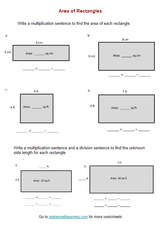 Worksheet for calculating the area of six different rooms in a playful geometry activity