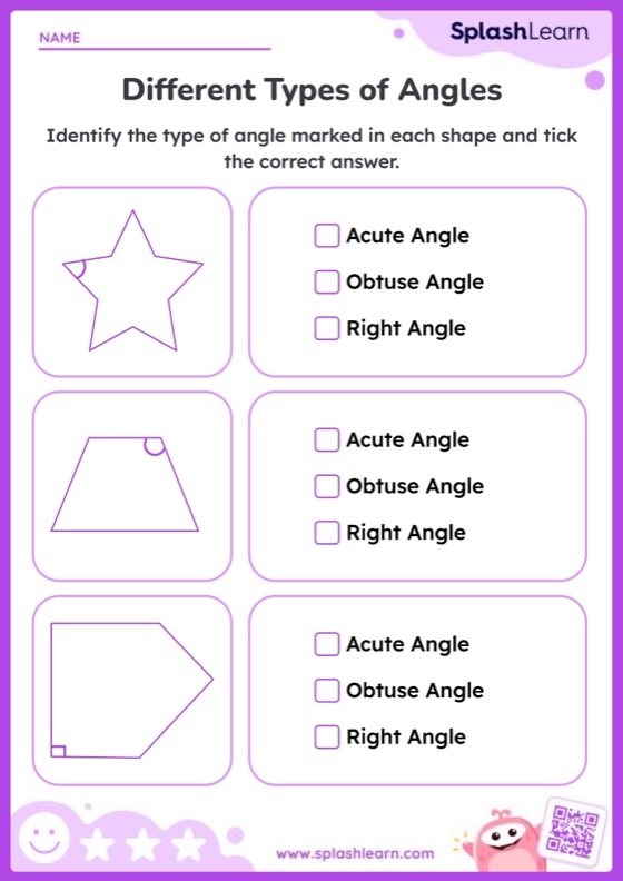 Worksheet featuring various types of angles for third-grade geometry practice