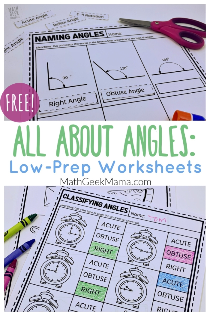 Worksheet for identifying various types of angles in geometry for third graders