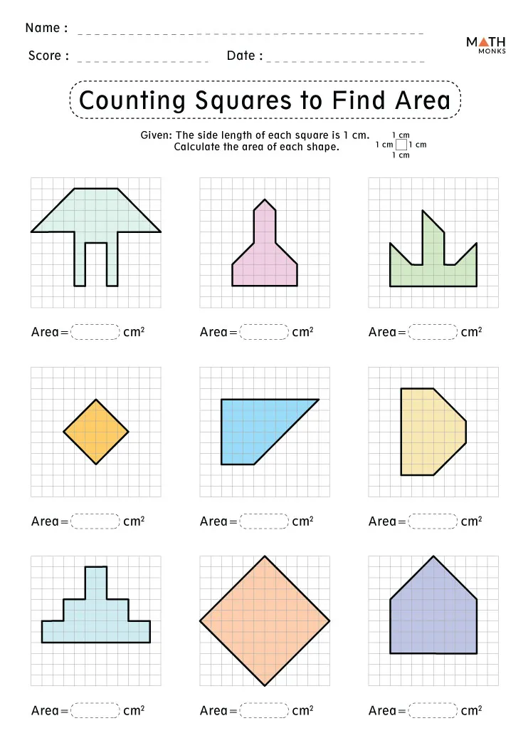 Geometry Counting Area Worksheet for Third Grade Learning Worksheet illustrating how to calculate area using square units for third graders