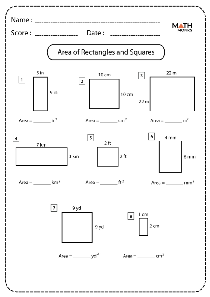 Third grade math worksheet featuring geometry problems to calculate the area of rectangular rooms