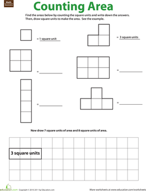Third-grade geometry worksheet focused on calculating area Worksheet for counting area using square units in geometry