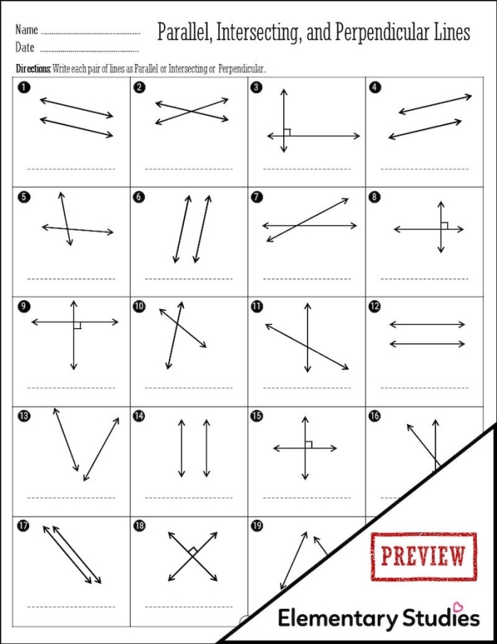 Geometry Lines Worksheet 25 Parallel and Perpendicular Practice Third grade geometry worksheet featuring exercises on identifying parallel and perpendicular lines