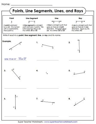 Third grade geometry worksheet featuring exercises to identify and label lines line segments and rays