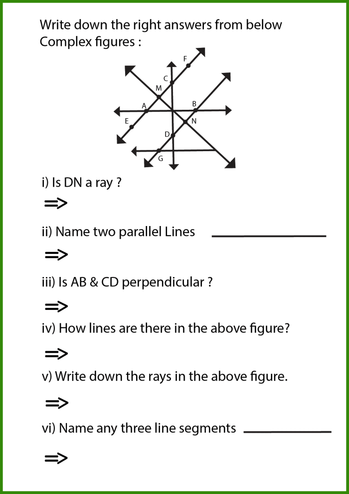 Third grade math worksheet featuring geometry exercises for identifying lines, line segments, and rays