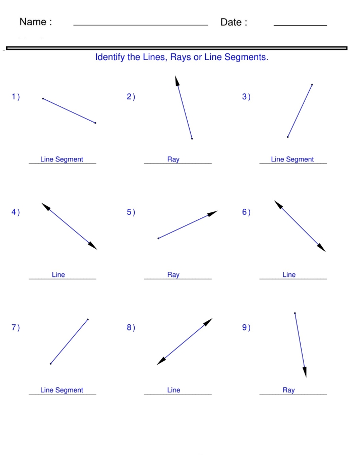 Worksheet featuring lines, line segments, and rays for third graders to practice geometry concepts