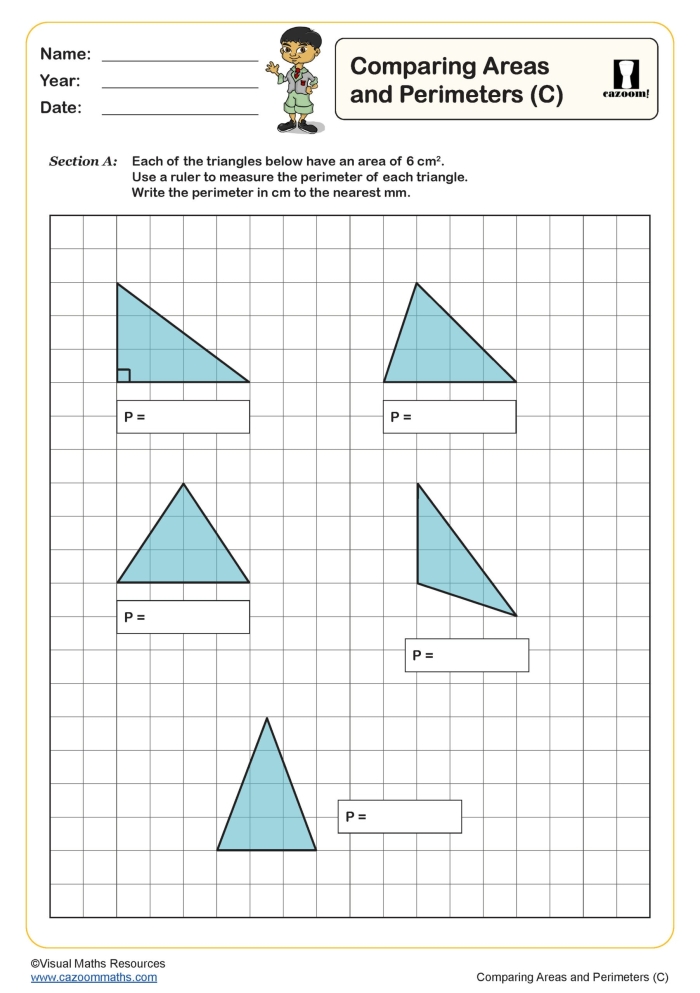 Third grade student practicing geometry by calculating the perimeter of various polygon shapes